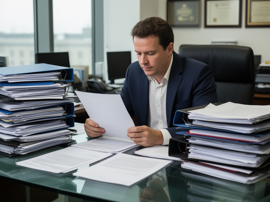 Журналист изучает распечатанные документы за стеклянным столом в редакции, вокруг стопки папок с материалами для расследования