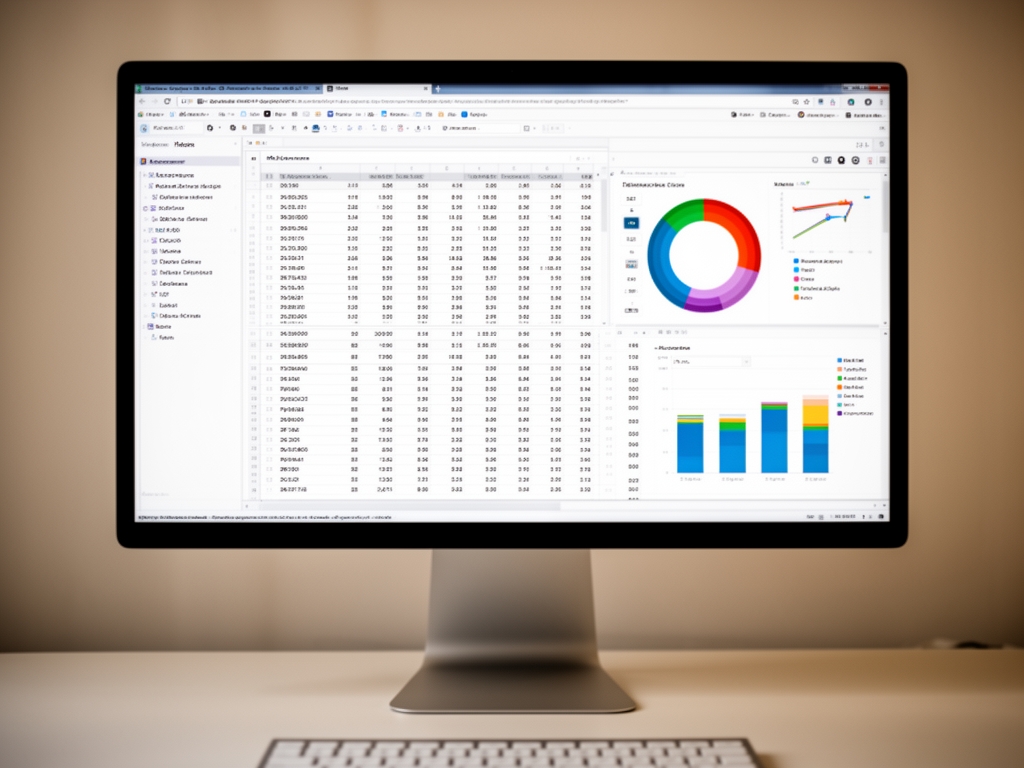 Компьютерный экран с открытыми таблицами данных и визуализациями, аналитическая работа в редакции