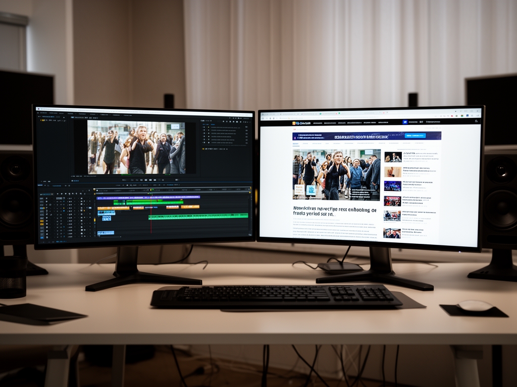Монтажная студия с двумя экранами, на которых открыты программа для видеомонтажа и новостной сайт, современный интерьер