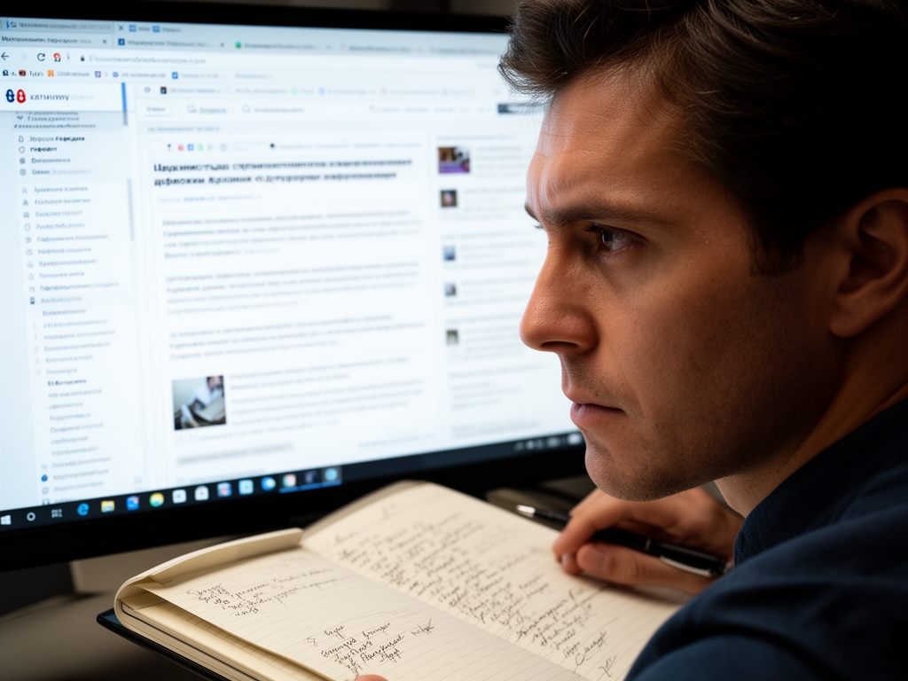 Журналист проверяет информацию: несколько вкладок браузера с источниками, блокнот с пометками, концентрированный взгляд