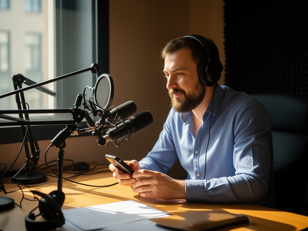 Журналист за рабочим столом, освещённым утренним светом, записывает интервью на диктофон в небольшой студии