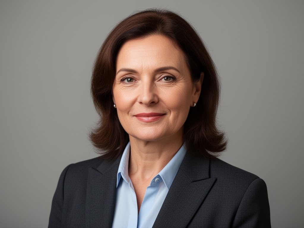 Профессиональный портрет женщины средних лет, журналист-практик, деловой стиль, нейтральный фон