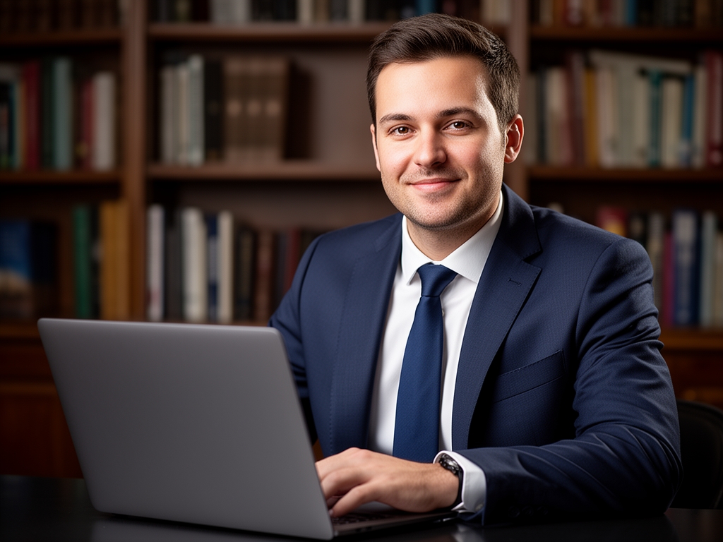Профессиональный портрет мужчины, аналитик данных и журналист, с ноутбуком, деловой кабинет с книгами