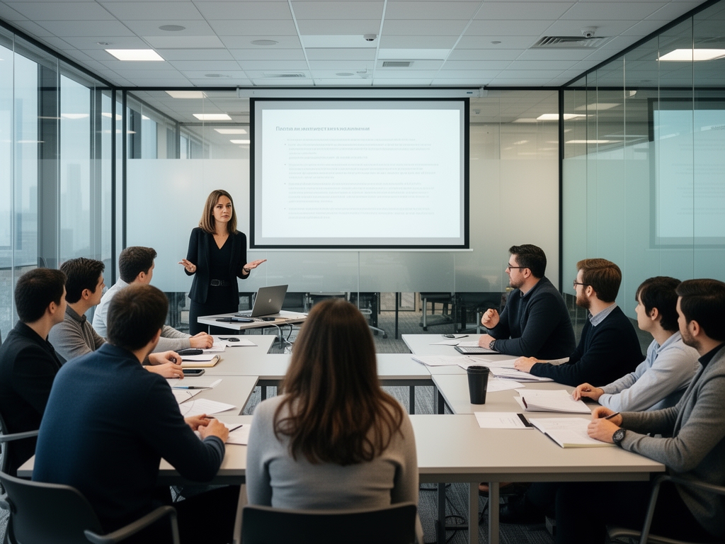 Преподаватель журналистики проводит небольшую группу занятий в современном учебном пространстве с проектором и стеклянными стенами